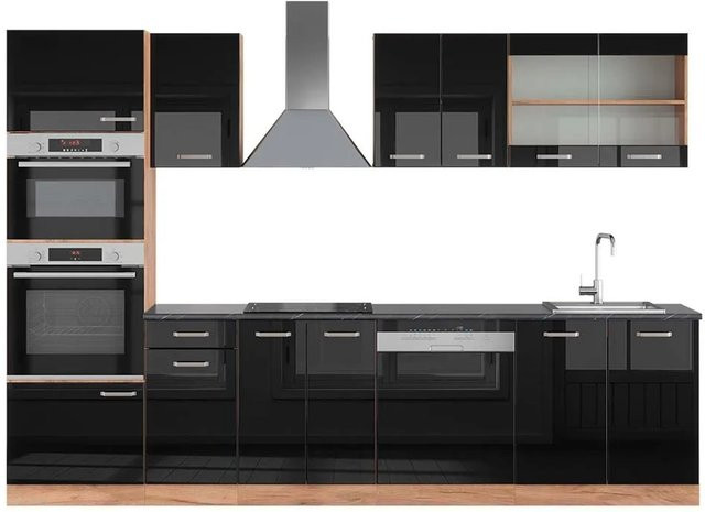 Vicco R-Line Küchenzeile Schwarz Hochglanz und Goldkraft Eiche mit Hochschrank Anthrazit, Breite: 300 cm - Bild 1