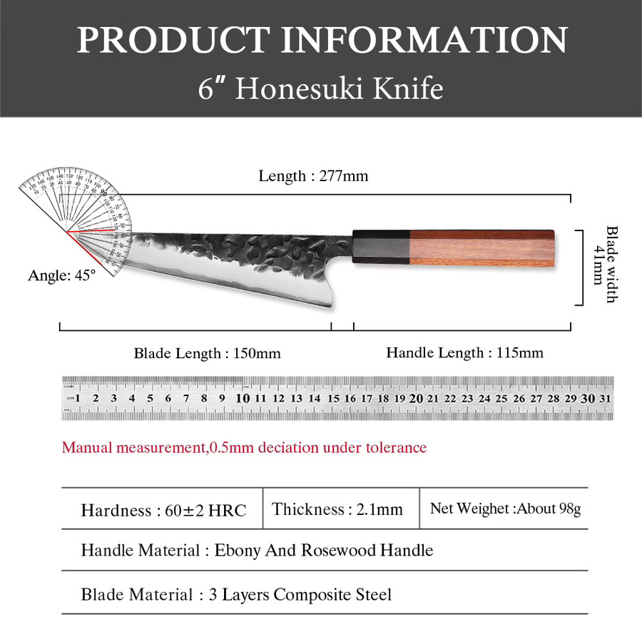 Mostodozo 6-Zoll Japanisches Honesuki Kochmesser aus 3-Schicht-Verbundstahl, Silber, Boning Knife - Bild 5