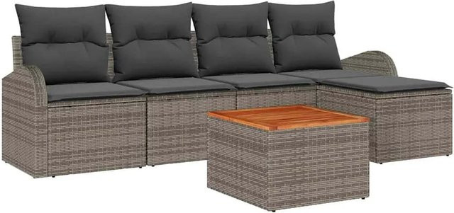 vidaXL Garten-Sofa-Set 6-teilig aus Polyrattan in Grau mit Polstern und Ottomane für Terrasse und Garten - Bild 1