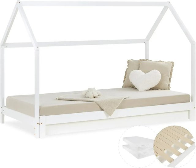 Homestyle4u Ausziehbares Hausbett für Kinder aus Kiefernholz mit 2 Matratzen, Weiß, B/T/H: 90 x 200 x 142 cm - Bild 1