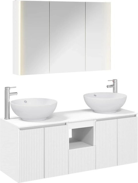 vidaXL Badezimmerschrank-Set 4-teilig in Weiß, modernes Design mit Waschtischunterschrank und Spiegelschrank inklusive LED-Beleuchtung - Bild 1