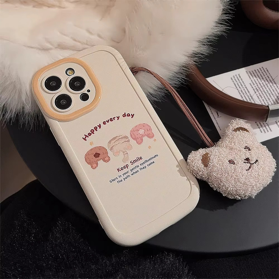 MUQGEW Stoßfeste iPhone Handyhülle im Cartoon-Design mit Bären-Anhänger in Beige für iPhone 16 15 14 13 12 11 Pro Max X XR XS Plus - Bild 3