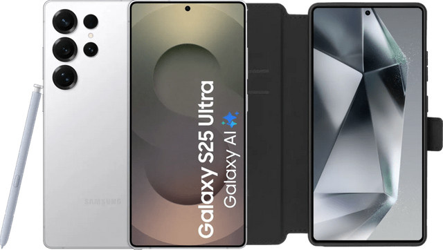 Samsung Galaxy S25 Ultra 5G Smartphone 256GB Weiß mit BlueBuilt Book Case Schwarz - Bild 1