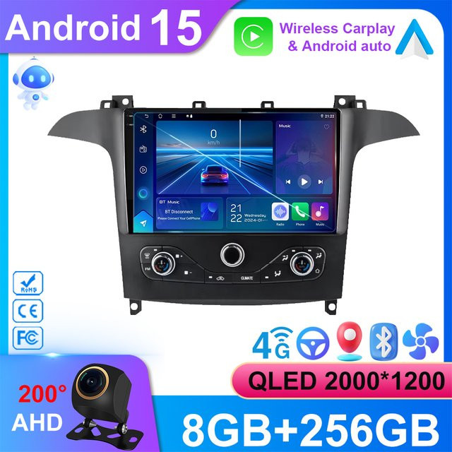 Nevegetor Android 15 Multimedia Player mit GPS Navigation und HDR QLED Display für Ford S-Max 2006-2015 und Ford Galaxy 2014 in Schwarz - Bild 1
