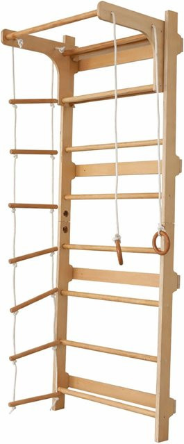 Relaxdays Sprossenwand aus Holz in Natur mit Klimmzugstange, Turnringen und Strickleiter, B/T/H: 80 x 57,5 x 215 cm - Bild 1