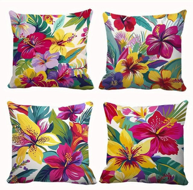 4-teiliges Kissenbezug-Set von JMG Clothing mit tropischem Blumenblatt- und Hibiskusmuster in Multicolour, B/T/H: 45 x 45 x 45 cm - Bild 1