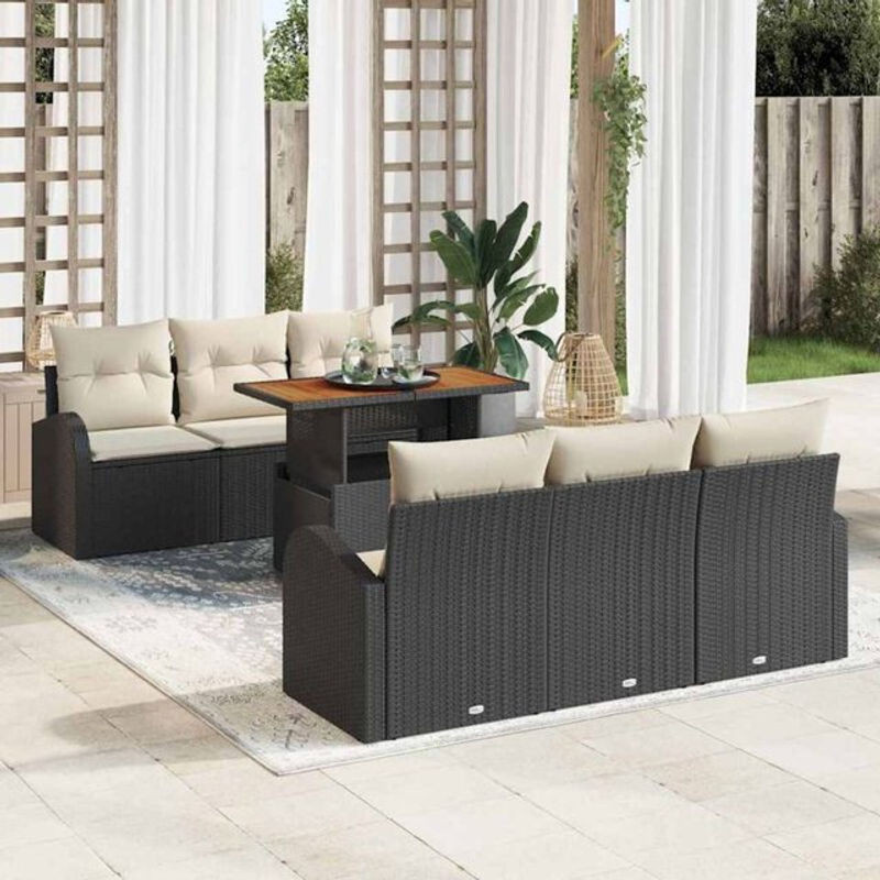 Vidaxl Garten-Sofa-Set aus 7 Teilen in Schwarz und Creme, modernes Polyrattan-Loungemöbel-Set, B/T/H: 100 x 55 x 73 cm - Bild 1