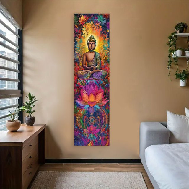 LVJIA Wandteppich mit Buddha-Statuen und Lotus-Mandala in Multicolor, Wandbehang für Meditation und Kunst, Breite: 40 cm, Höhe: 150 cm - Bild 1