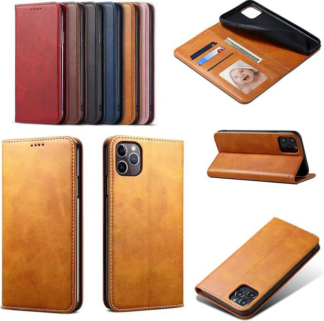 EUCAGR Luxus Leder Flip Case für iPhone 15 14 13 12 11 Pro Max Plus Mini SE3 XS Max XR mit Kartenfach in Braun - Bild 1