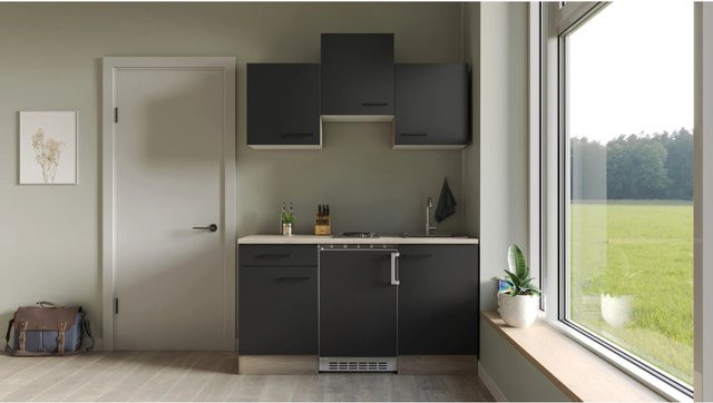 Flex-Well Singleküche Capri Schwarz Matt mit Eichen-Optik B/H/T: 151 x 226 x 60 cm - Bild 1