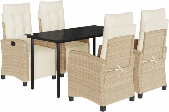vidaXL 5-teilige Garten-Essgruppe aus Poly Rattan mit Kissen in Beige und Cremeweiß sowie Tisch aus gehärtetem Glas - Bild 1