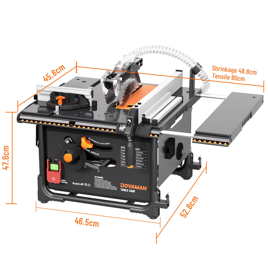 DOVAMAN Tischkreissäge mit 2000 W, 216 mm Sägeblatt, ausziehbarem Tisch und 60 mm Schnitttiefe für Gehrungsschnitte von 0–45 Grad - Bild 5