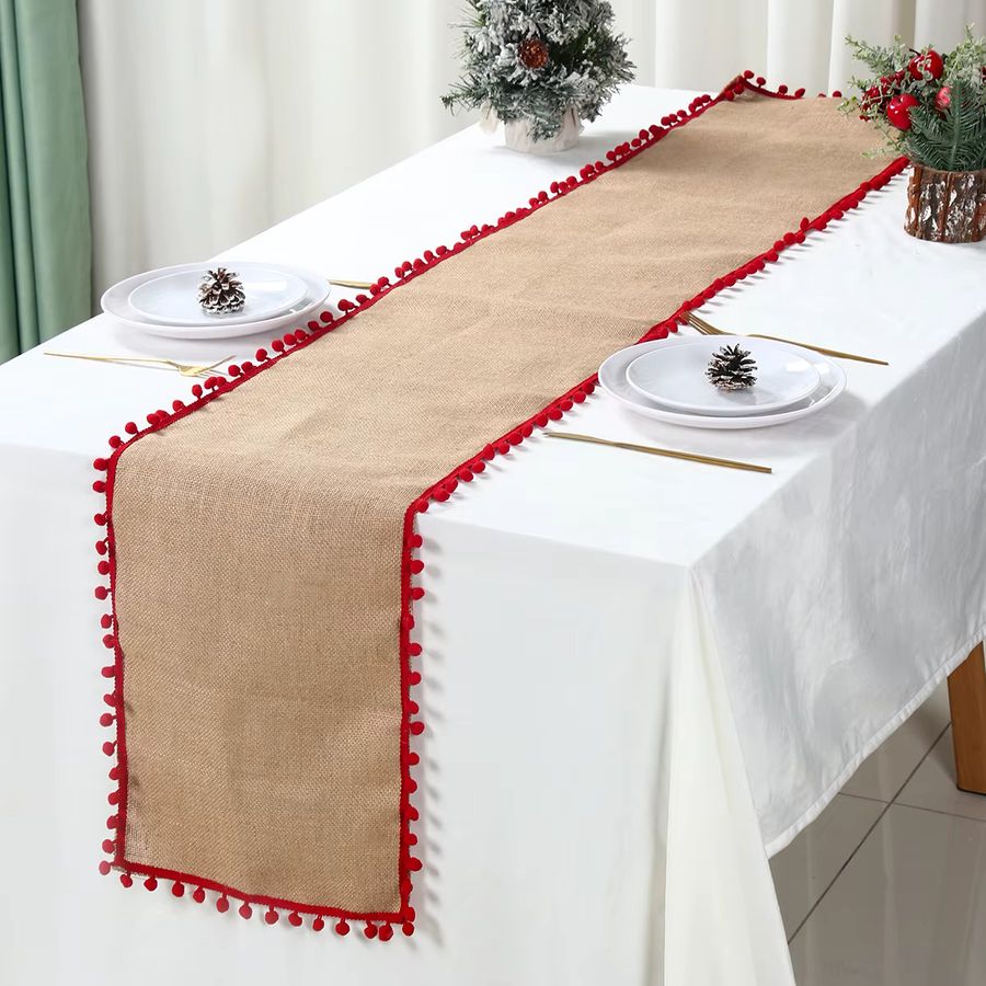 PATIMATE Weihnachts-Tischläufer aus Leinen mit Weihnachtskugel-Quaste zur Weihnachtsdekoration - Bild 3