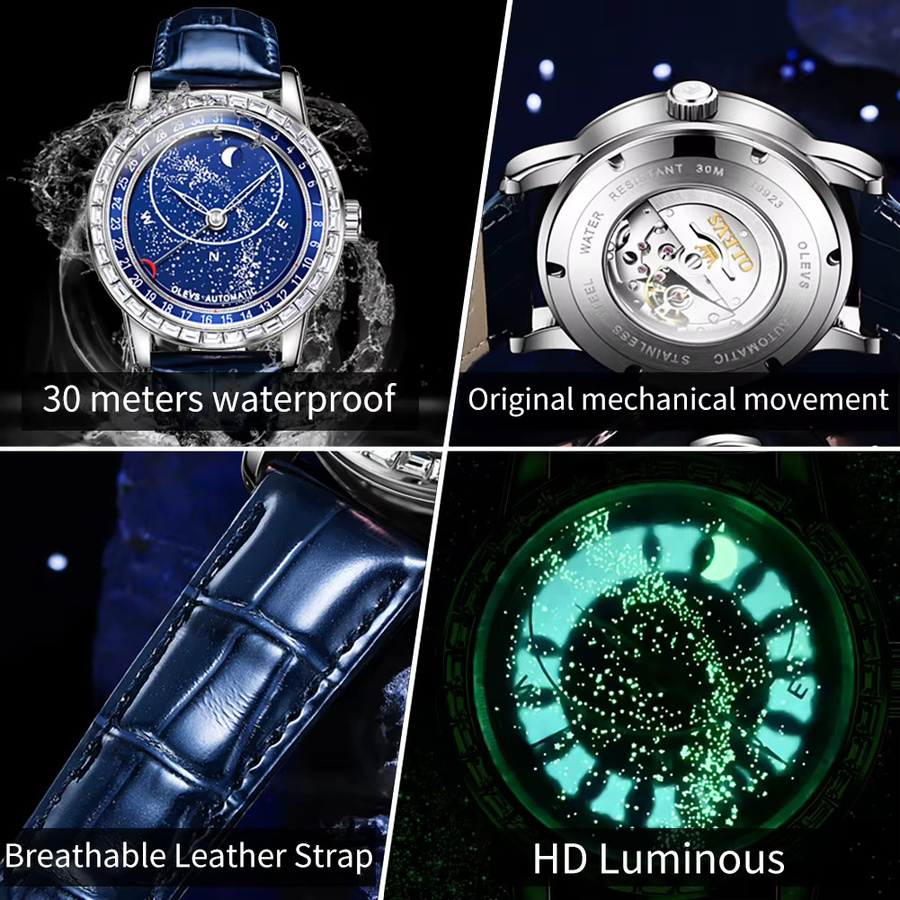 OLEVS Armbanduhr Automatik, Edelstahl, Leder, Blau, Mondphase, Herren - Bild 6