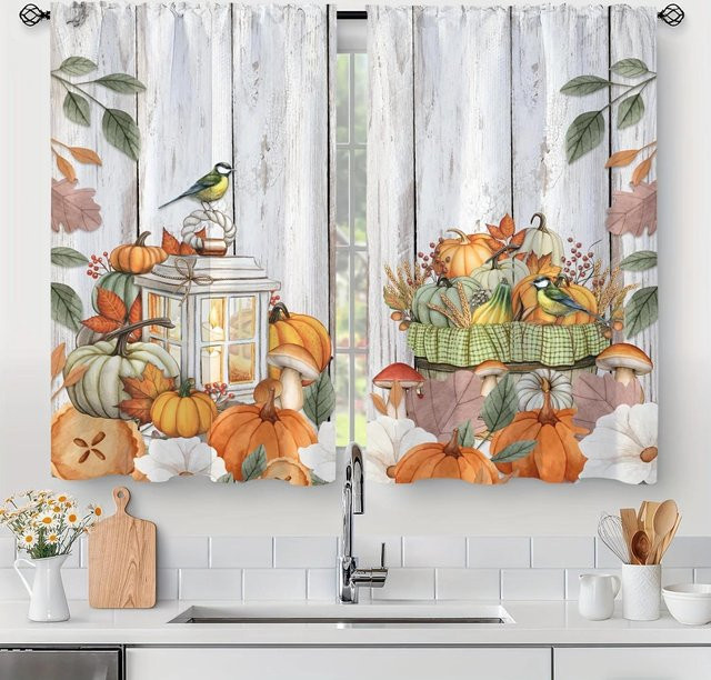 2er-Set Rustikale Herbst Vorhänge mit Bauernhaus-Kürbissen und Ahornblättern, halbtransparent, B/H: 70 x 150 cm - Bild 1