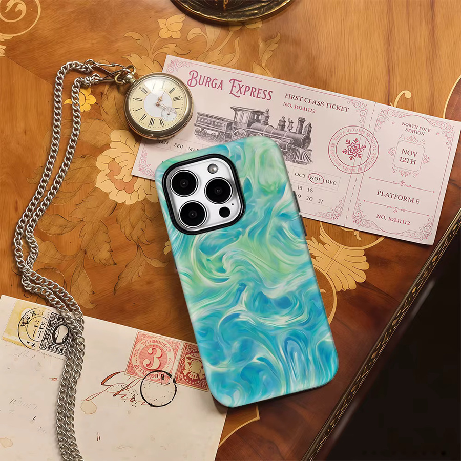 Handyhülle mit blaugrünen Wellen für Apple iPhone 11 bis 17 Pro Max Plus, doppellagiges Design - Bild 2