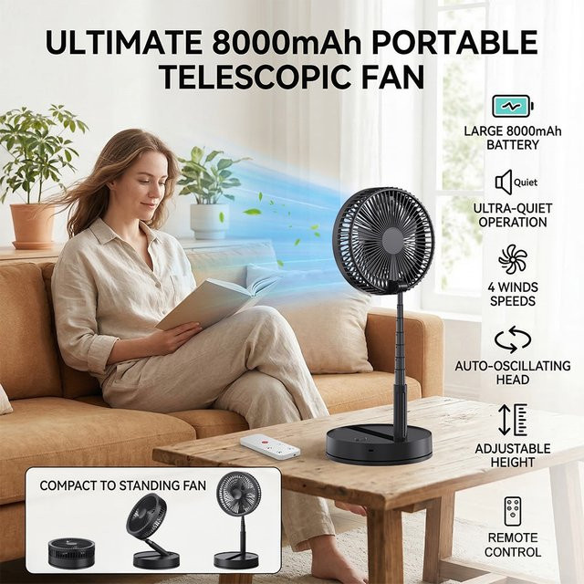LIPETY Wiederaufladbarer faltbarer Teleskop-USB-Tischventilator mit Fernbedienung und Timer in Weiß - Bild 1