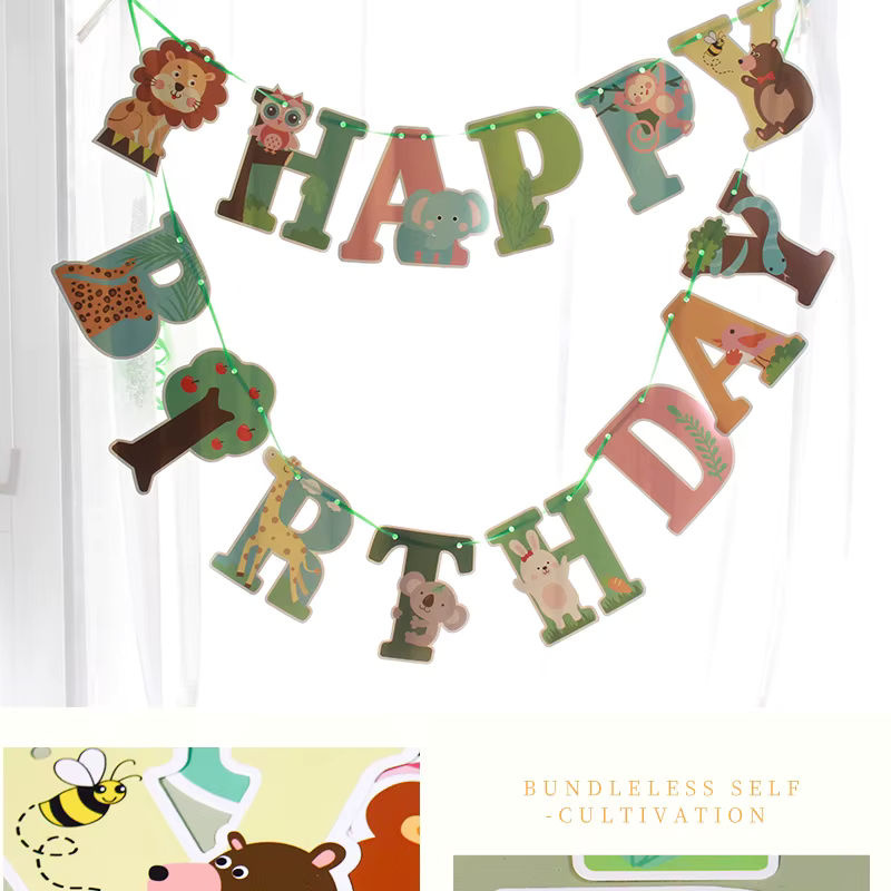 Alles Gute zum Geburtstag Banner mit Waldtier-Motiven wie Löwe und Dinosaurier als hängende Buchstaben-Girlande aus Papier für Kindergeburtstage, mehrfarbig - Bild 3