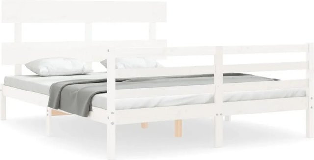 vidaXL Massivholzbett aus Kiefernholz mit Kopfteil in Weiß, B/T/H: 160 x 200 x 81 cm - Bild 1