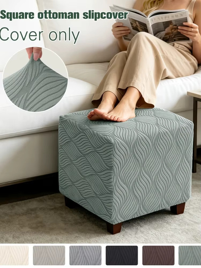 Yupartex Elastischer Ottoman-Überzug mit Blattmuster in Jacquard-Qualität, Quadratischer Fußhocker-Bezug in Schwarz - Bild 5