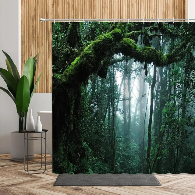 Wasserdichter 3D-Duschvorhang von Dunika Chen mit tropischem Wald-Motiv in Grün, B: 60 cm, H: 190 cm - Bild 1