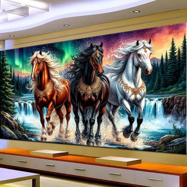 JKEKEYANG Diamantmalerei DIY Set Pferd im Wald mit Fluss, Diamant-Mosaik Vollbohrer in Multicolour, B/H: 40 x 40 cm - Bild 1