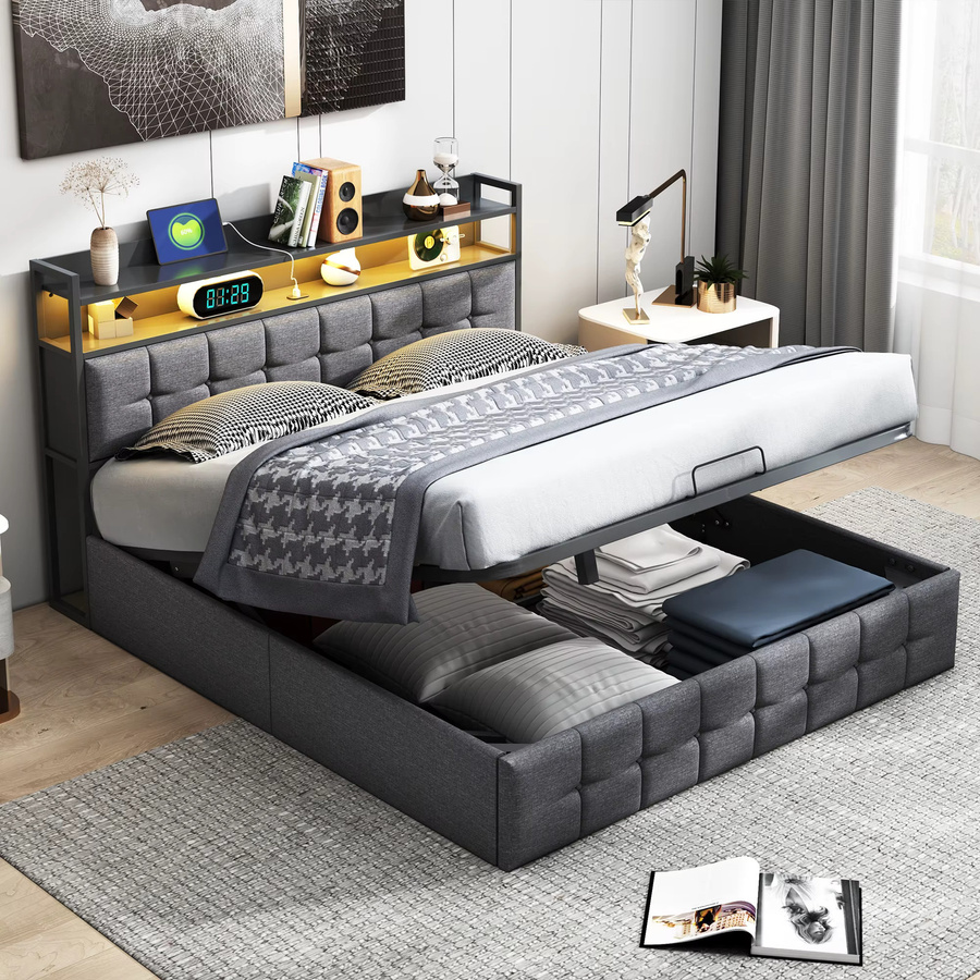 Superaly Doppelbett mit Stauraum und Regal-Kopfteil in Grau, B/T: 140 x 190 cm - Bild 5
