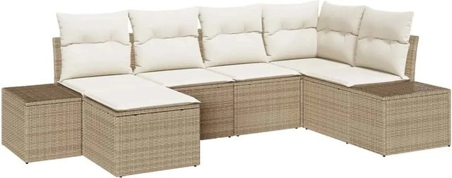 vidaXL Garten-Sofa-Set 6-teilig aus Poly Rattan in Beige-Creme mit Kissen und Fußhocker - Bild 1