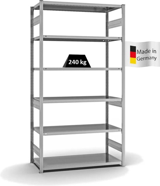 PROREGAL Fachbodenregal Stecksystem T-Profil Medium-Duty Grundregal, verzinkt, Farbe: Silber, H x B x T: 250 x 130 x 60 cm, 6 Ebenen, Fachlast 240 kg, beidseitig nutzbar - Bild 1