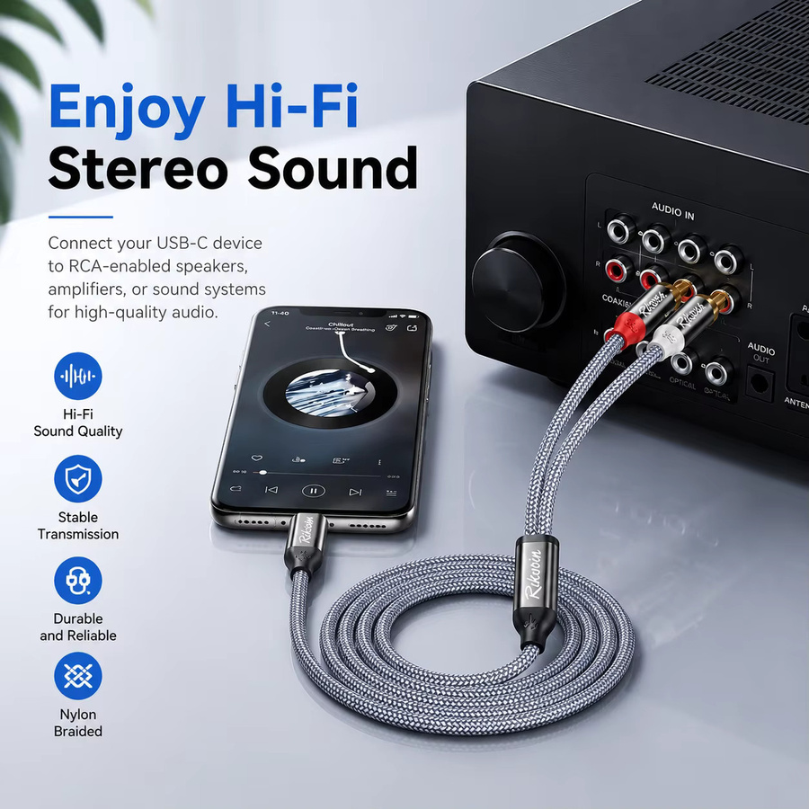 Riksoin USB-C auf 2 RCA Audiokabel mit DAC in Grau für Lautsprecher und Verstärker - Bild 4