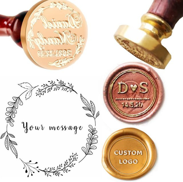 Personalisierter Siegelwachs-Stempelkopf aus Messing mit eigenem Logo in Gold, Durchmesser: 25 mm, 30 mm oder 40 mm, ideal für Hochzeitsbriefe und Bastelarbeiten - Bild 1