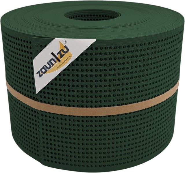 zaun zu Sichtschutzstreifen Rille Gelocht für Doppelstabmattenzaun, semi-transparent, PP, Tannengrün, 50m - Bild 1