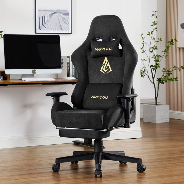 ANDYOU Gaming Chair Schwarz mit Fußstütze, atmungsaktiver Stoff und verstellbarer Kopfstütze, drehbar und ergonomisch für Home Office und Gaming - Bild 1