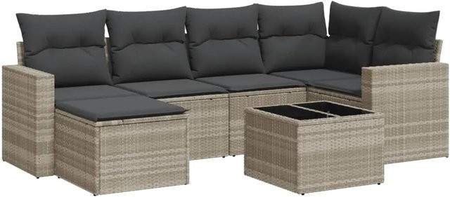 vidaXL 7-tlg Garten-Sofagarnitur Modell 5 aus Poly Rattan und pulverbeschichtetem Stahl in Hellgrau - Bild 1