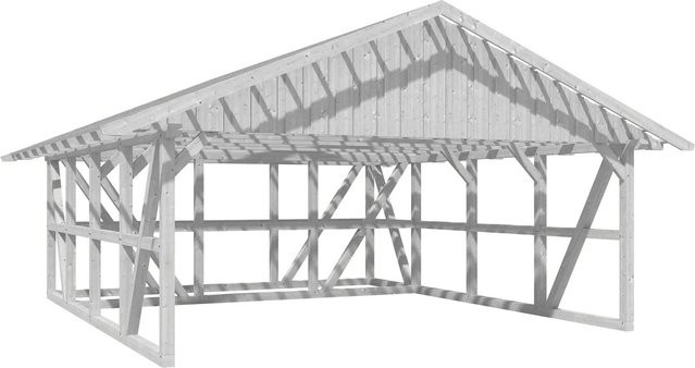 Skan Holz Carport Schwarzwald aus Fichtenholz mit Satteldach, Dachlattung und Abstellraum, Weiß, B: 684 cm, T: 772 cm - Bild 1
