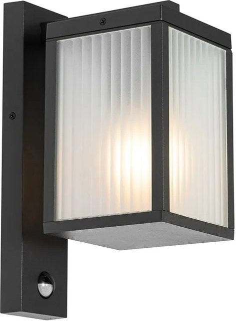 QAZQA Außenwandlaterne Charlois in Schwarz aus Aluminium mit geripptem Glas und Bewegungssensor, IP44, E27 - Bild 1