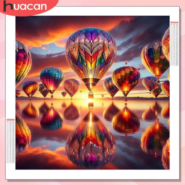 HUACAN Diamant-Mosaik Set Heißluftballon Landschaft mit Sonnenuntergang, Wanddekoration als Diamant-Gemälde in Multicolor, B/H: 20 x 20 cm - Bild 1