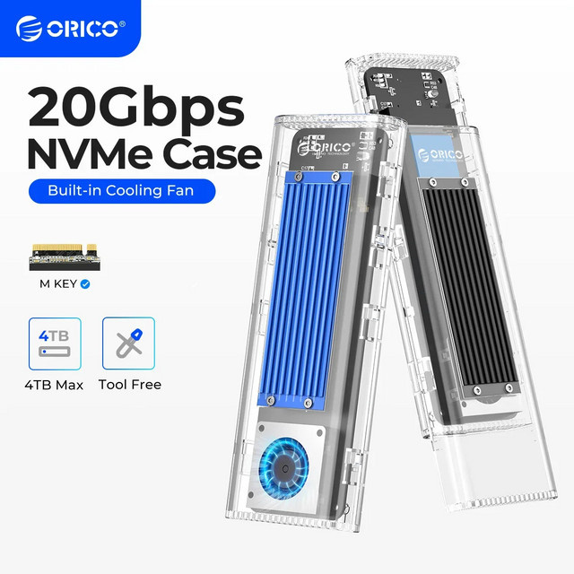 Orico M.2 NVMe SSD-Gehäuse mit Lüfter, 20 Gbps USB 3.2 Gen 2 x 2 PCIE NVME-Adapter, werkzeugfrei, Blau, bis zu 4 TB, für PCIe M Key mit USB-C Anschluss - Bild 1