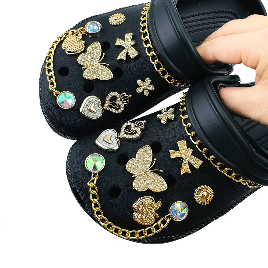FHLDING Schuhcharms-Set, 18-teilig, goldene Kette, Diamant, Schmetterling, Blume - Bild 5