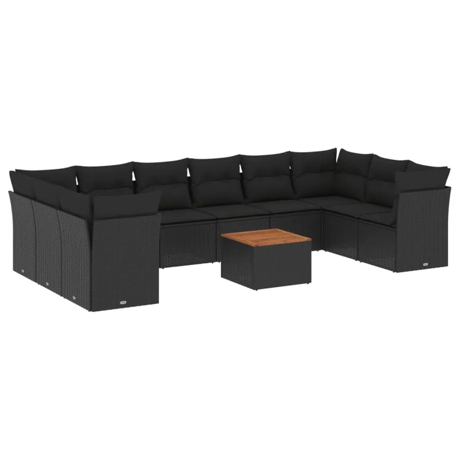 vidaXL 11-tlg. Garten-Sofagarnitur in U-Form aus Poly-Rattan und Akazienholz mit Kissen, Schwarz - Bild 2