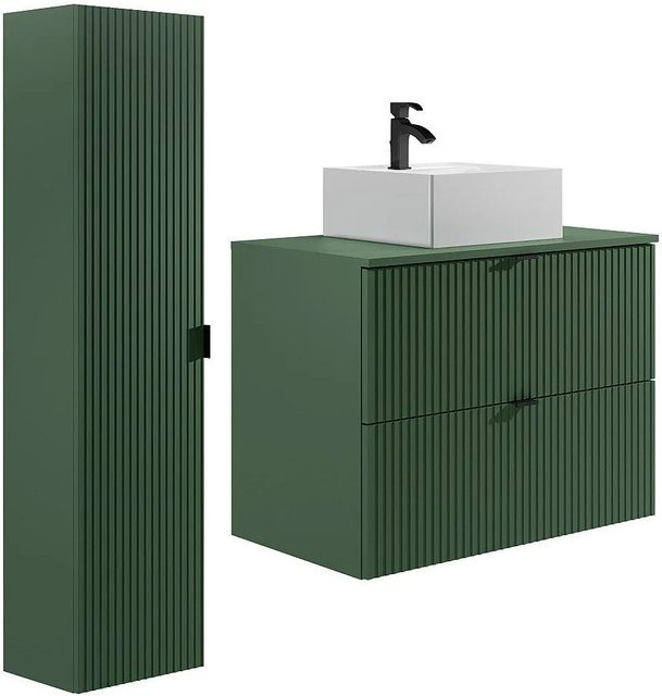 ZEVINI Badmöbel-Set in Grün Matt mit Aufsatzwaschbecken und Hochschrank im zeitgenössischen Stil, Breite: 80 cm - Bild 1