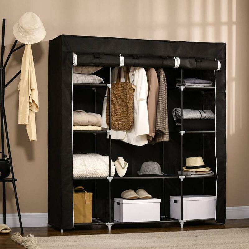 HOMCOM Stoffschrank Schwarz mit 1 Kleiderstange und 10 Einlegeböden aus Vliesstoff und Stahl, B/H/T: 150 x 162,5 x 43 cm - Bild 5