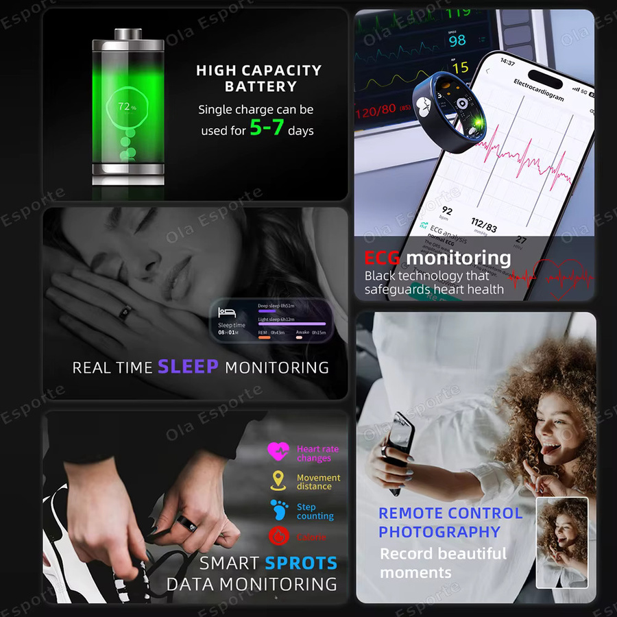 Ola Esporte Smart-Ring in Schwarz mit EKG-Erkennung, Blutdruckmessung, Herzfrequenzmonitor, Körpertemperaturmessung und GPS-Tracking für Damen und Herren - Bild 3