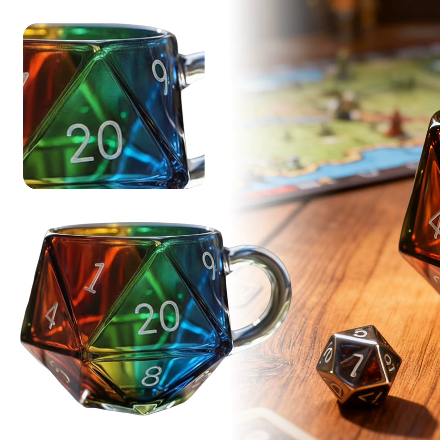 Shunmaii Regenbogen D20 Würfelbecher aus Glas, Transparenter Würfelbecher mit Henkel in Bunt/Mehrfarbig, Fantasy-Spielbecher mit geometrischem Design - Bild 4