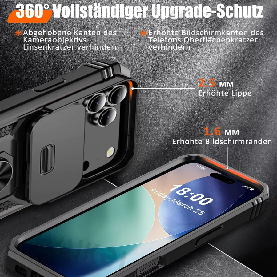 Huikai Heavy Duty Slide-Kamerahülle mit 360 Grad drehbarem Ständer für iPhone 17 Pro Max 17 Air 16 Pro Max 15 14 13 12 in Schwarz oder Grün - Bild 3