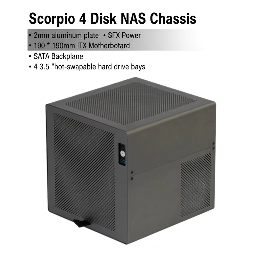 Scorpio 4-Disk NAS-Gehäuse aus Aluminium in Schwarz für ITX und MATX Motherboards mit SFX-Netzteil und 1,5mm Aluminiumrahmen - Bild 2