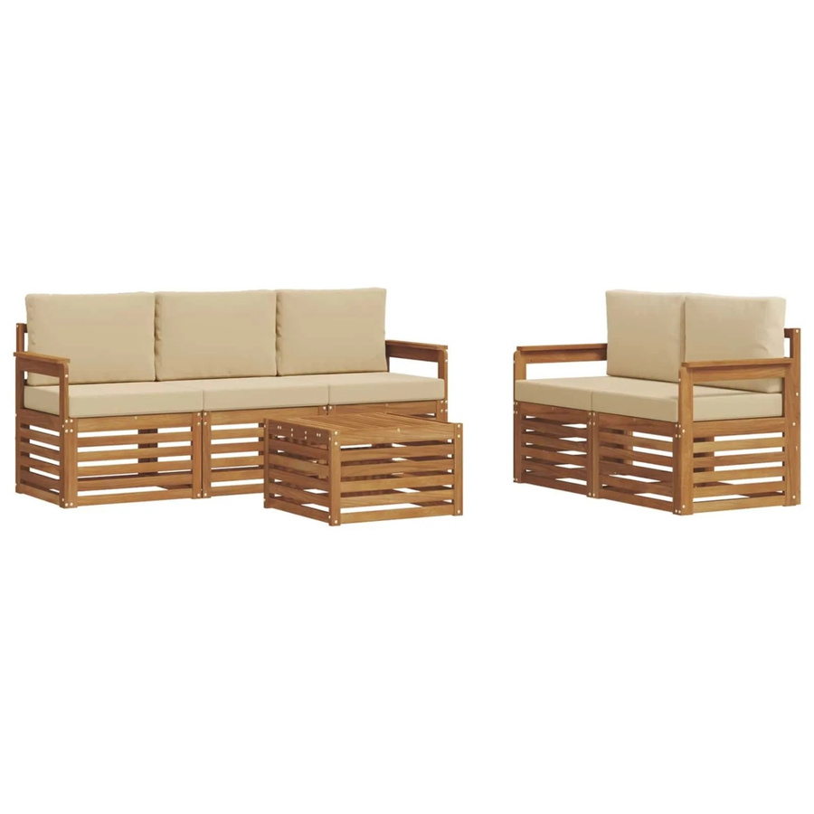 vidaXL Sofagarnitur 6-teilig aus Massivholz Akazie in Natur und Beige mit Tisch und Polstern - Bild 2