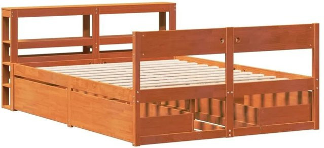 vidaXL Massivholzbett aus Kiefernholz in Braun mit Schubladen und Nachttischregal im rustikalen Design, B/T/H: 141 x 190 x 82 cm - Bild 1