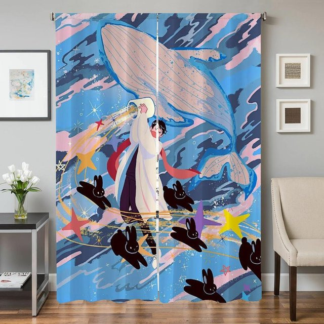 2er-Set Fensterküchenvorhänge mit Illustration, blau, semi-transparent, Breite: 50 cm, Höhe: 70 cm - Bild 1