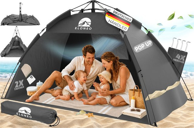 ELONEO Pop Up Strandmuschel mit UV-Schutz UPF 80+, Grau, B/T/H: 190 x 100 x 110 cm - Bild 1